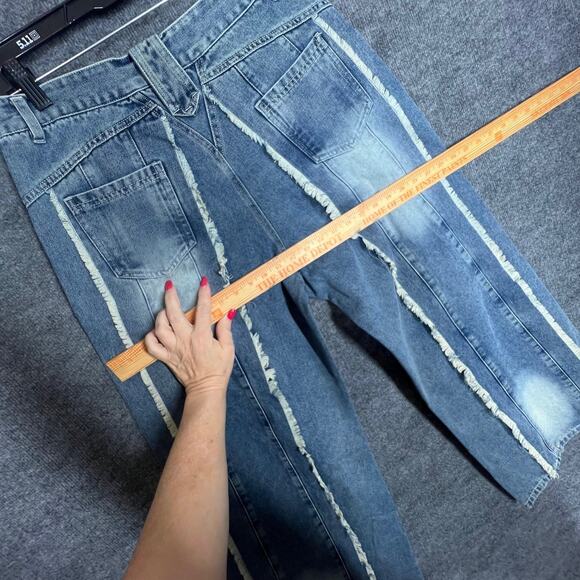 Wide Leg Jeans Womens Large Blue Denim Fringe Frayed Streetwear Baggy Distressed - Picture 9 of 12